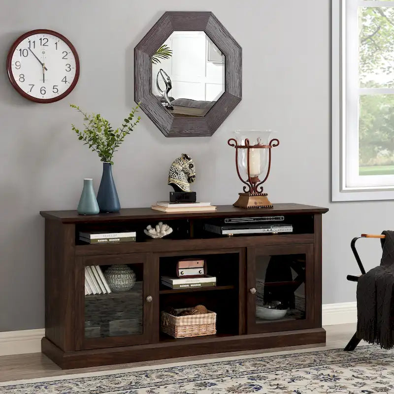Meuble TV moderne avec porte vitrée et rangements ouverts et fermés pour téléviseurs jusqu'à 65 pouces