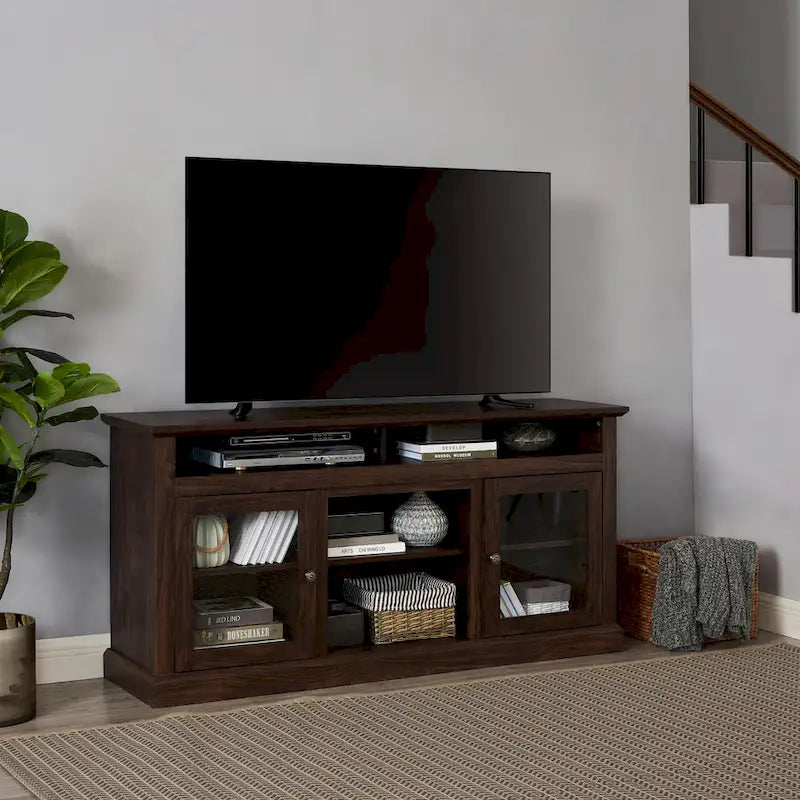 Meuble TV moderne avec porte vitrée et rangements ouverts et fermés pour téléviseurs jusqu'à 65 pouces
