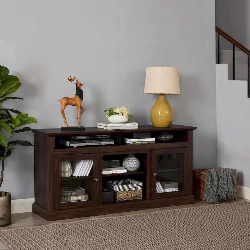 Meuble TV moderne avec porte vitrée et rangements ouverts et fermés pour téléviseurs jusqu'à 65 pouces