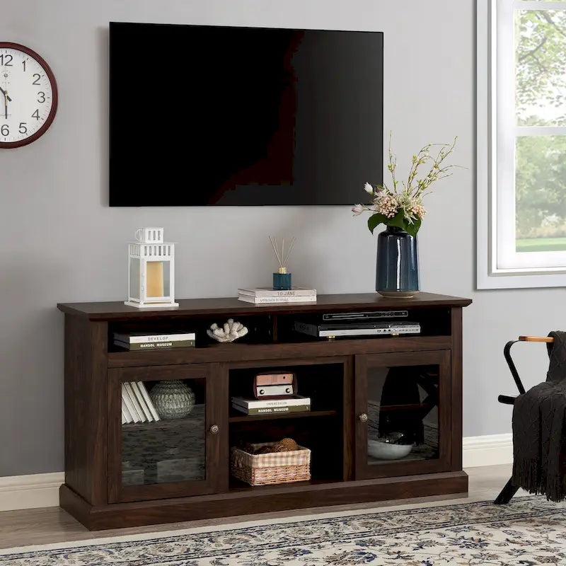 Meuble TV moderne avec porte vitrée et rangements ouverts et fermés pour téléviseurs jusqu'à 65 pouces