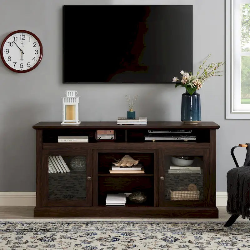 Meuble TV moderne avec porte vitrée et rangements ouverts et fermés pour téléviseurs jusqu'à 65 pouces