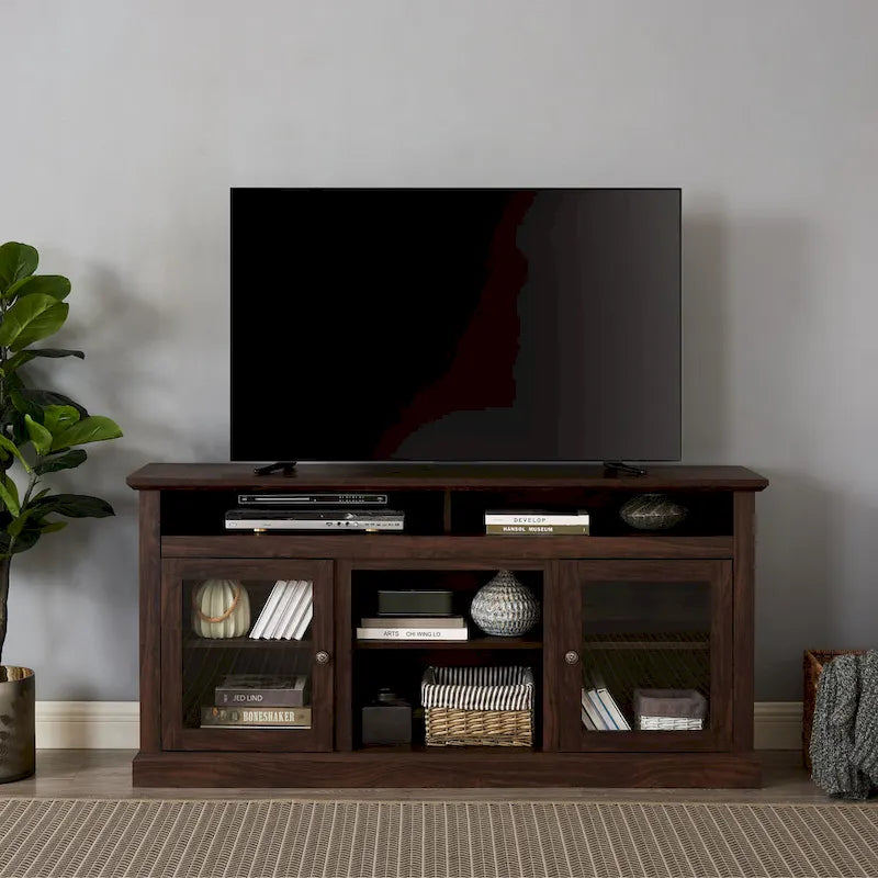 Meuble TV moderne avec porte vitrée et rangements ouverts et fermés pour téléviseurs jusqu'à 65 pouces