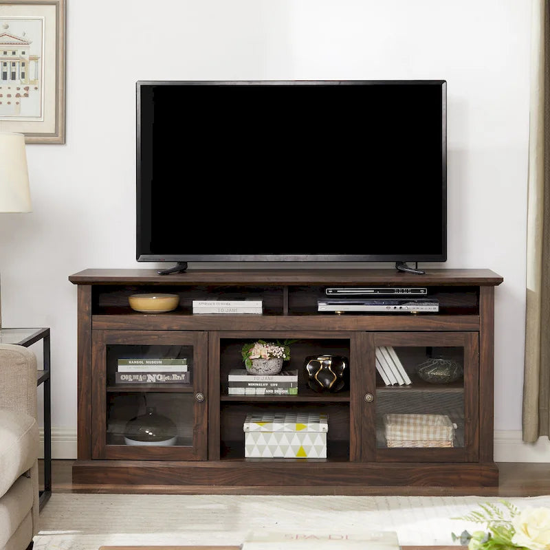 Meuble TV moderne avec porte vitrée et rangements ouverts et fermés pour téléviseurs jusqu'à 65 pouces