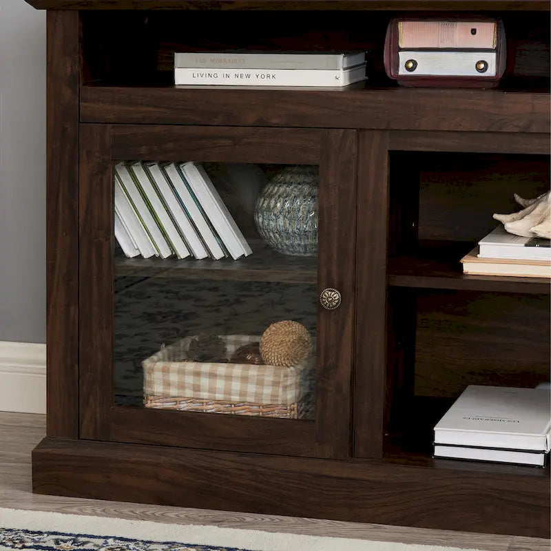 Meuble TV moderne avec porte vitrée et rangements ouverts et fermés pour téléviseurs jusqu'à 65 pouces