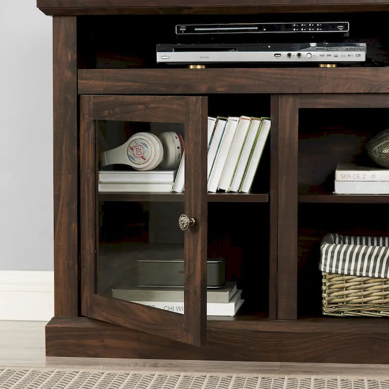 Meuble TV moderne avec porte vitrée et rangements ouverts et fermés pour téléviseurs jusqu'à 65 pouces