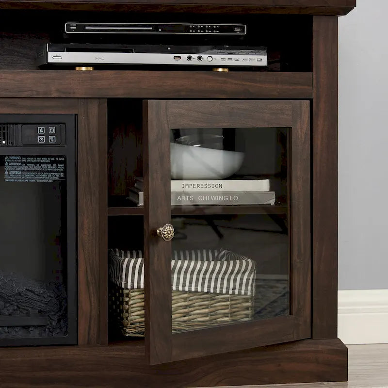 Meuble TV moderne avec porte vitrée et rangements ouverts et fermés pour téléviseurs jusqu'à 65 pouces