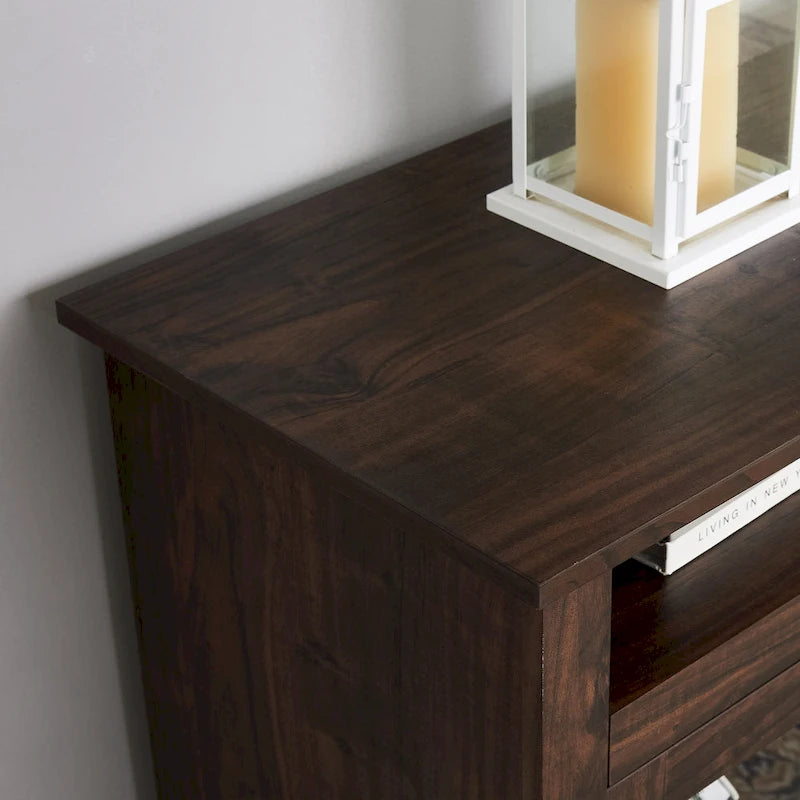 Meuble TV moderne avec porte vitrée et rangements ouverts et fermés pour téléviseurs jusqu'à 65 pouces