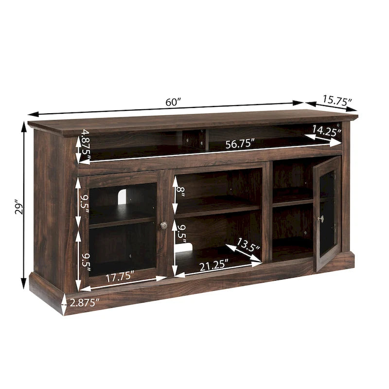 Meuble TV moderne avec porte vitrée et rangements ouverts et fermés pour téléviseurs jusqu'à 65 pouces