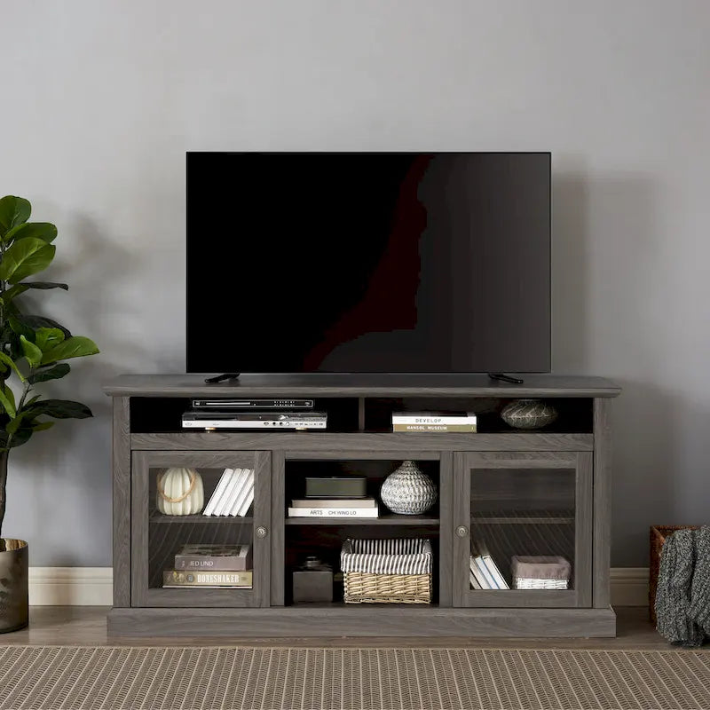 Meuble TV moderne avec porte vitrée et rangements ouverts et fermés pour téléviseurs jusqu'à 65 pouces