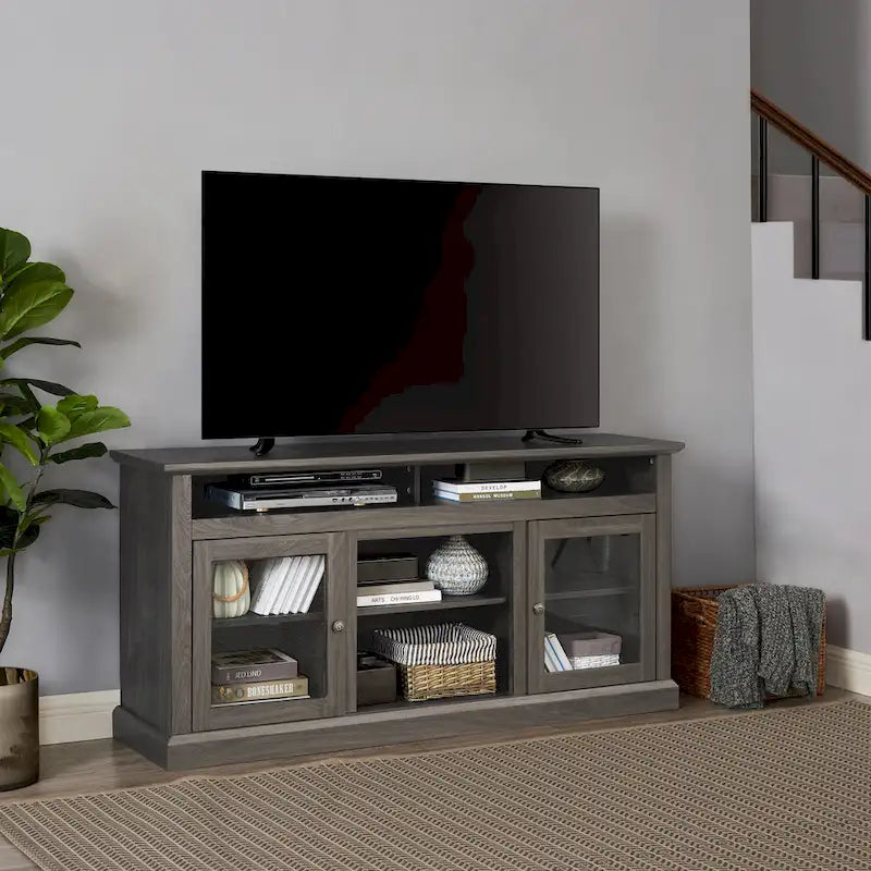 Meuble TV moderne avec porte vitrée et rangements ouverts et fermés pour téléviseurs jusqu'à 65 pouces