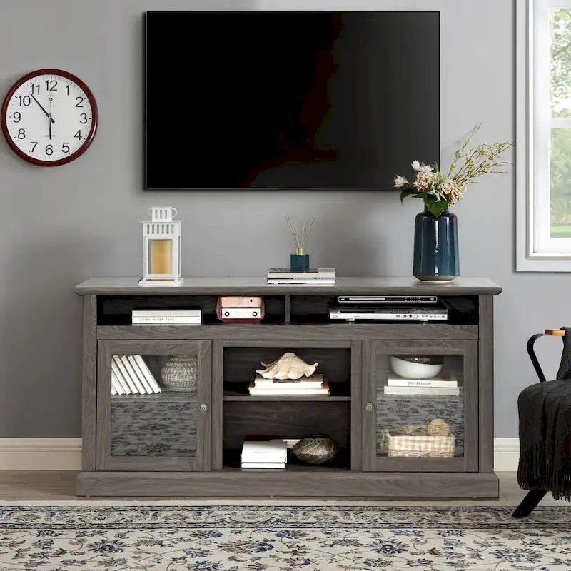 Meuble TV moderne avec porte vitrée et rangements ouverts et fermés pour téléviseurs jusqu'à 65 pouces