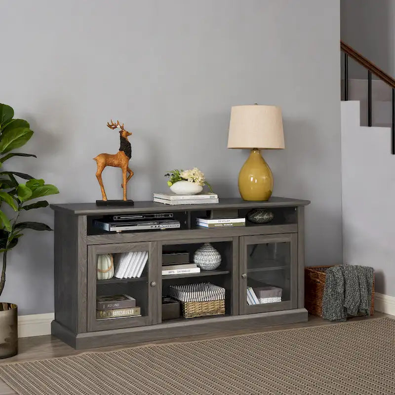 Meuble TV moderne avec porte vitrée et rangements ouverts et fermés pour téléviseurs jusqu'à 65 pouces