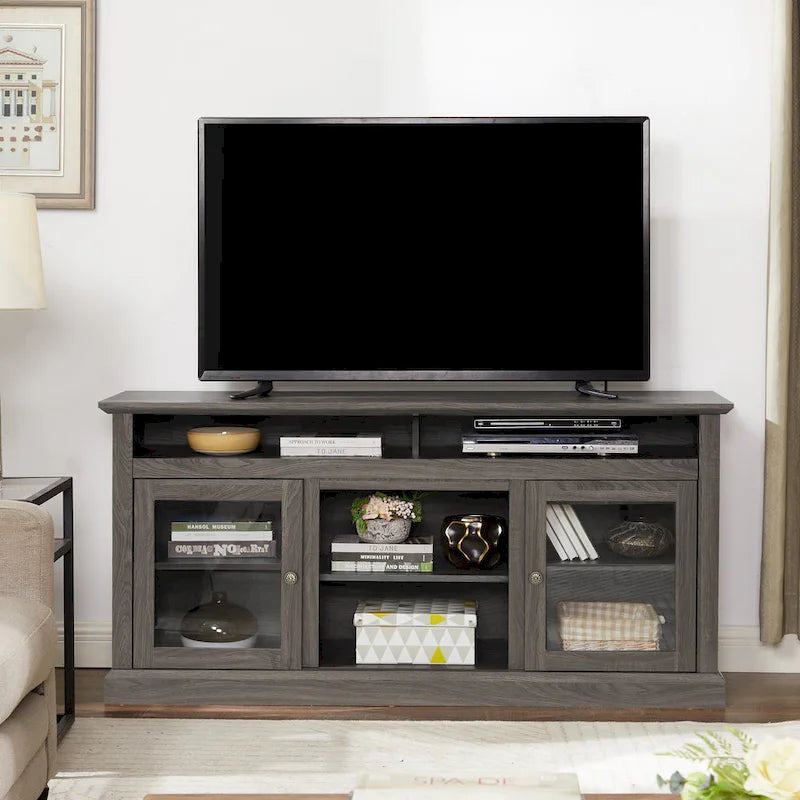 Meuble TV moderne avec porte vitrée et rangements ouverts et fermés pour téléviseurs jusqu'à 65 pouces