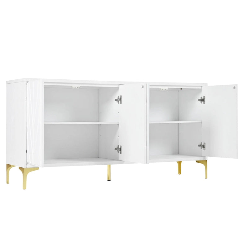 Bahut 4 portes sans poignées avec système push-to-open, idéal pour salle à manger, salon, chambre ou couloir.