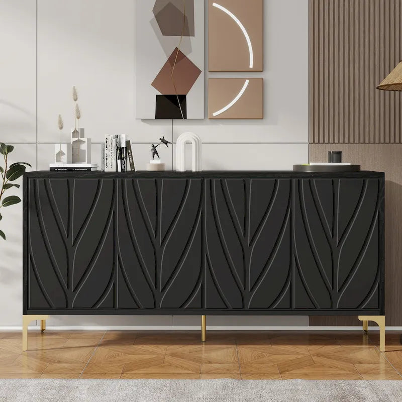 Bahut 4 portes sans poignées avec système push-to-open, idéal pour salle à manger, salon, chambre ou couloir.