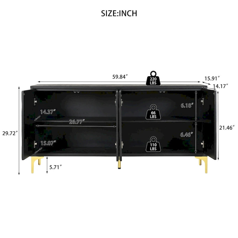 Bahut 4 portes sans poignées avec système push-to-open, idéal pour salle à manger, salon, chambre ou couloir.