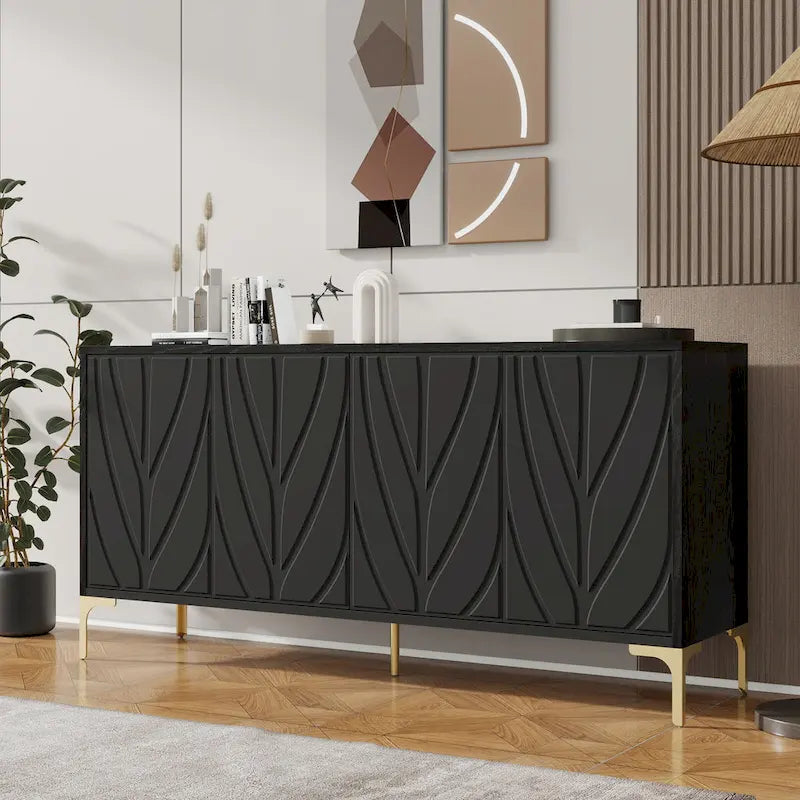 Bahut 4 portes sans poignées avec système push-to-open, idéal pour salle à manger, salon, chambre ou couloir.
