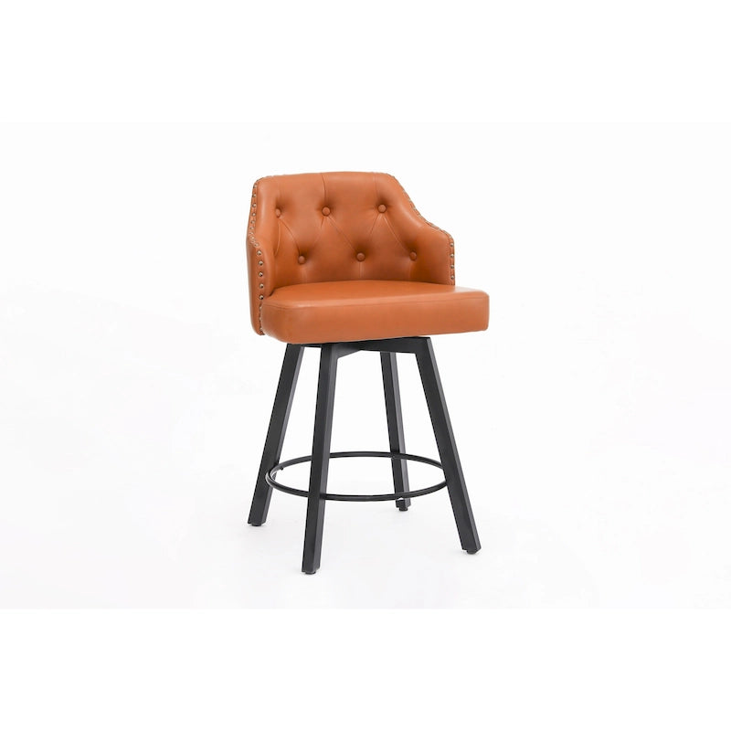 Tabouret de Bar Pivotant avec Dossier Capitonnée, Clous Décoratifs, Repose-Pieds en Métal, Pieds en Bois pour Îlot de Cuisine Salle à Manger Bar