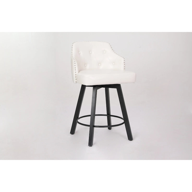 Tabouret de Bar Pivotant avec Dossier Capitonnée, Clous Décoratifs, Repose-Pieds en Métal, Pieds en Bois pour Îlot de Cuisine Salle à Manger Bar