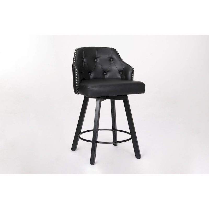 Tabouret de Bar Pivotant avec Dossier Capitonnée, Clous Décoratifs, Repose-Pieds en Métal, Pieds en Bois pour Îlot de Cuisine Salle à Manger Bar