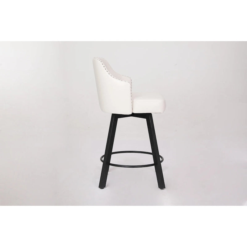 Tabouret de Bar Pivotant avec Dossier Capitonnée, Clous Décoratifs, Repose-Pieds en Métal, Pieds en Bois pour Îlot de Cuisine Salle à Manger Bar