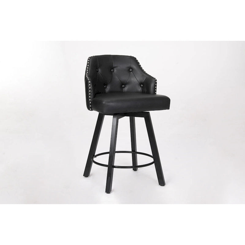 Tabouret de Bar Pivotant avec Dossier Capitonnée, Clous Décoratifs, Repose-Pieds en Métal, Pieds en Bois pour Îlot de Cuisine Salle à Manger Bar