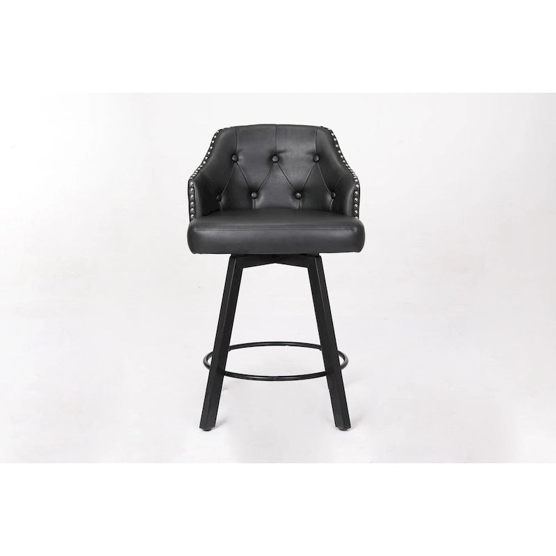 Tabouret de Bar Pivotant avec Dossier Capitonnée, Clous Décoratifs, Repose-Pieds en Métal, Pieds en Bois pour Îlot de Cuisine Salle à Manger Bar