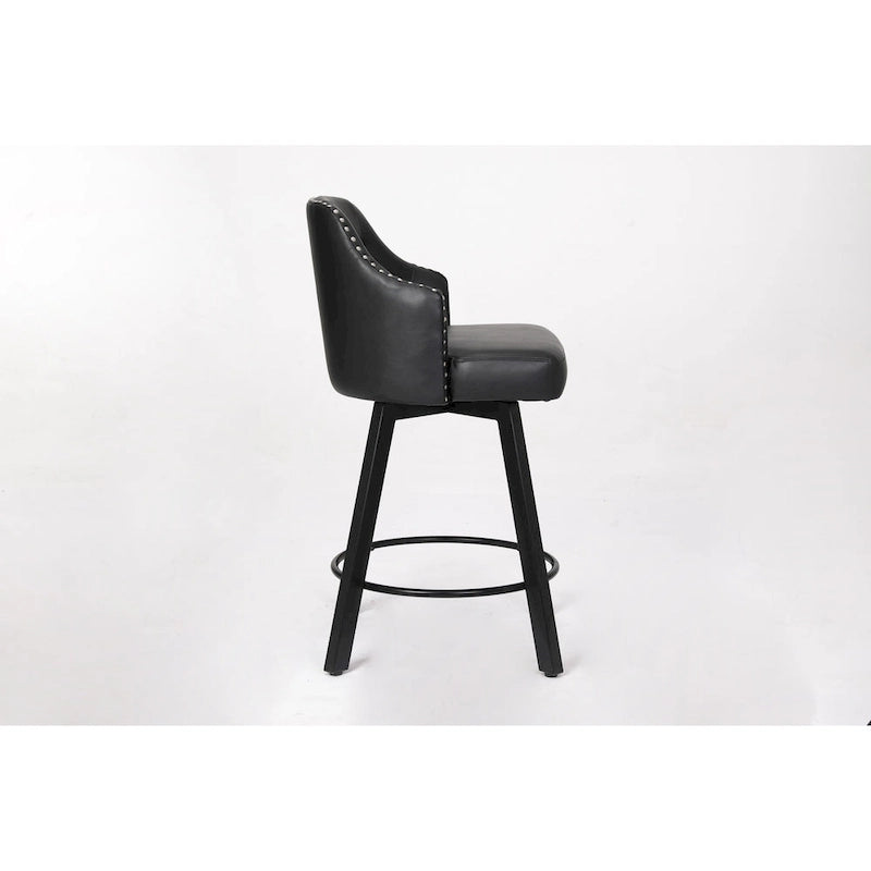 Tabouret de Bar Pivotant avec Dossier Capitonnée, Clous Décoratifs, Repose-Pieds en Métal, Pieds en Bois pour Îlot de Cuisine Salle à Manger Bar