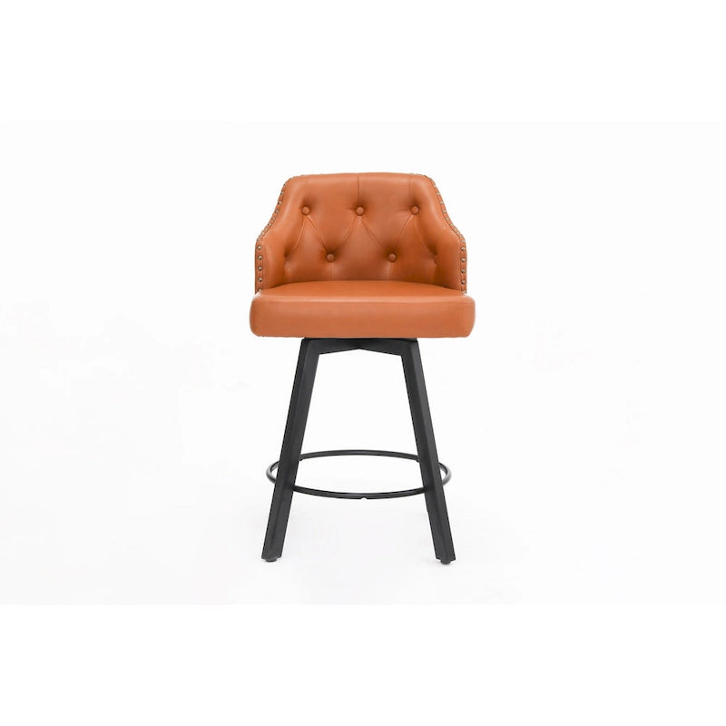 Tabouret de Bar Pivotant avec Dossier Capitonnée, Clous Décoratifs, Repose-Pieds en Métal, Pieds en Bois pour Îlot de Cuisine Salle à Manger Bar