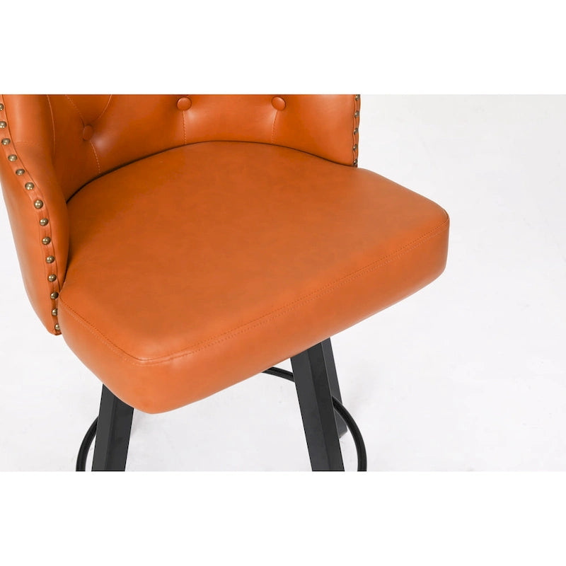 Tabouret de Bar Pivotant avec Dossier Capitonnée, Clous Décoratifs, Repose-Pieds en Métal, Pieds en Bois pour Îlot de Cuisine Salle à Manger Bar