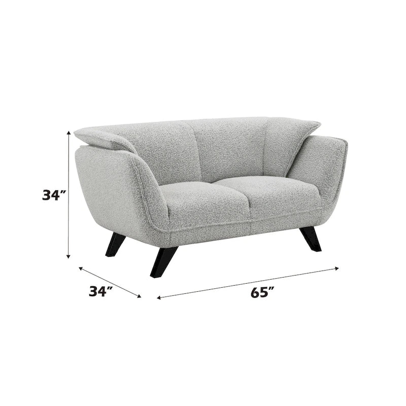 Causeuse en boucle gris clair avec coussins à ressorts ensachés et pieds en bois