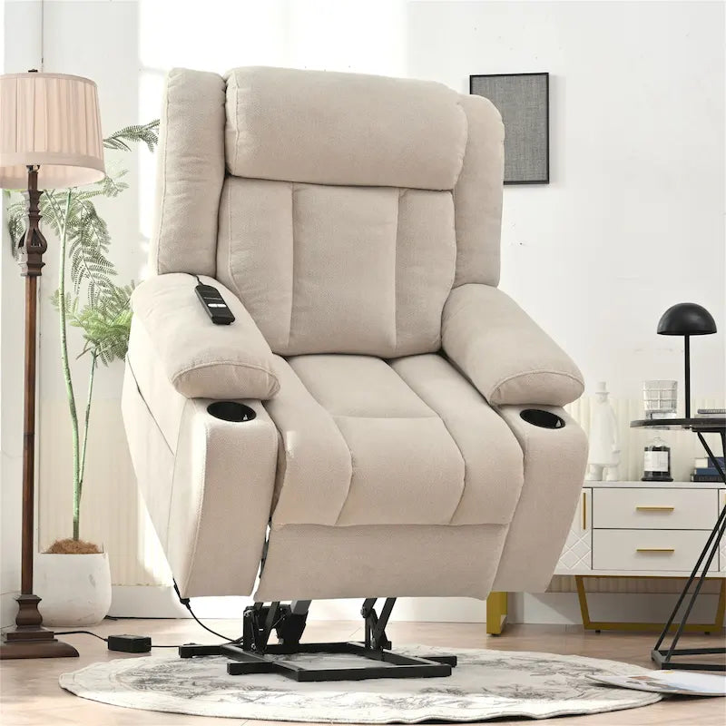 Fauteuil inclinable électrique en velours avec repose-pieds étendu et porte-gobelets