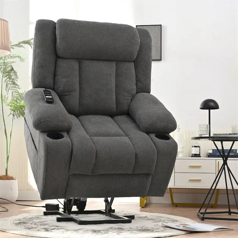 Fauteuil inclinable électrique en velours avec repose-pieds étendu et porte-gobelets