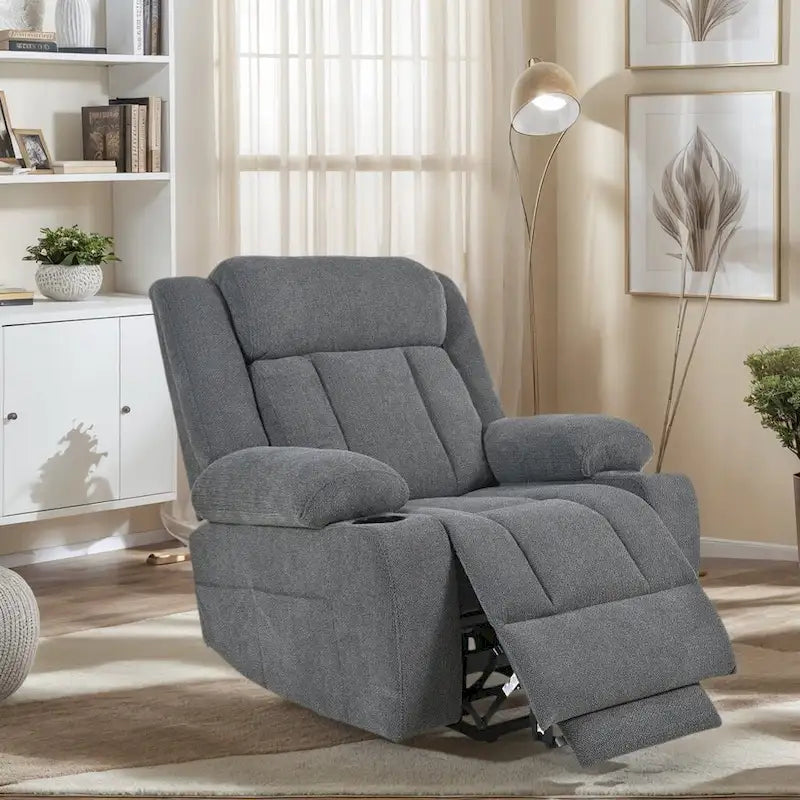 Fauteuil inclinable électrique en velours avec repose-pieds étendu et porte-gobelets