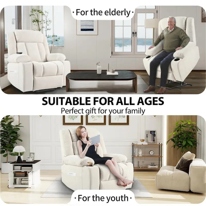 Fauteuil inclinable électrique en velours avec repose-pieds étendu et porte-gobelets