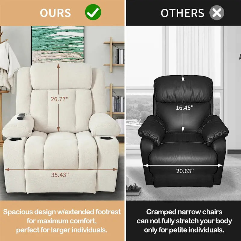 Fauteuil inclinable électrique en velours avec repose-pieds étendu et porte-gobelets