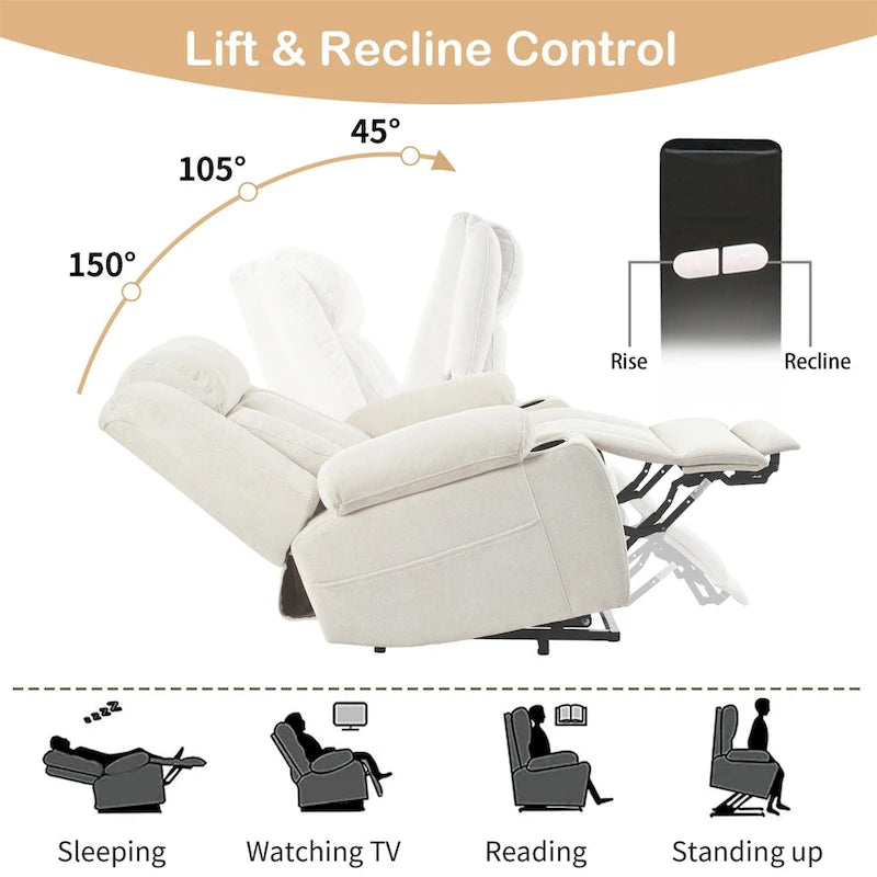Fauteuil inclinable électrique en velours avec repose-pieds étendu et porte-gobelets