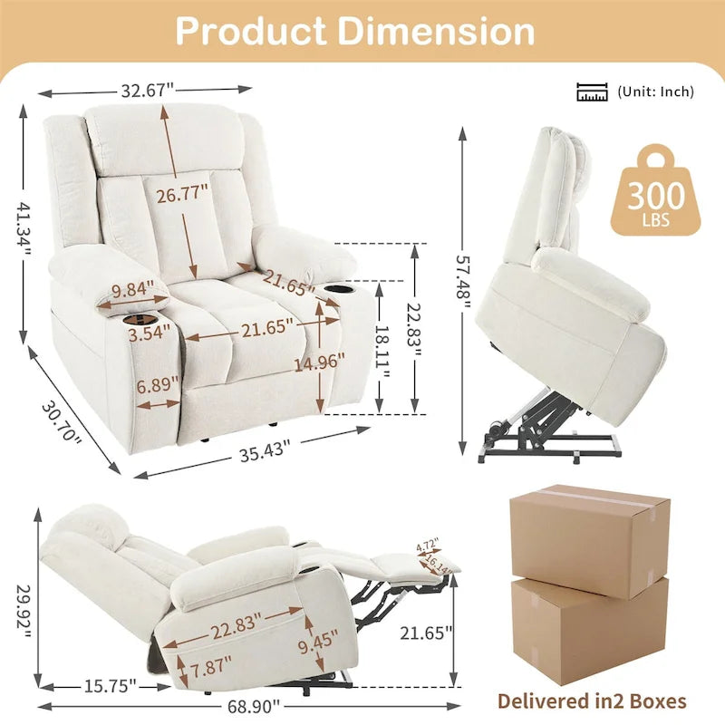 Fauteuil inclinable électrique en velours avec repose-pieds étendu et porte-gobelets
