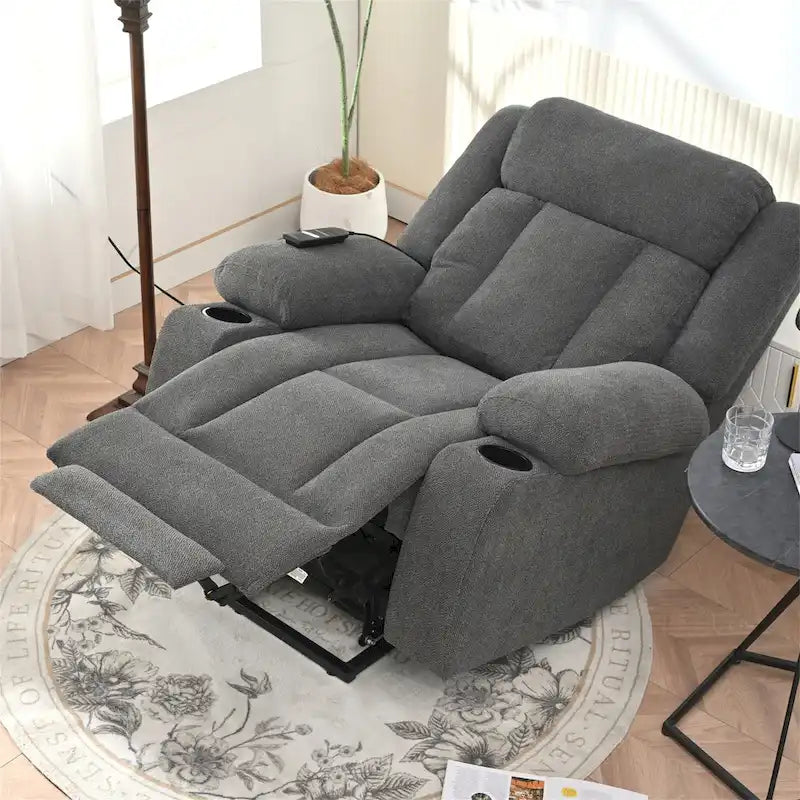 Fauteuil inclinable électrique en velours avec repose-pieds étendu et porte-gobelets