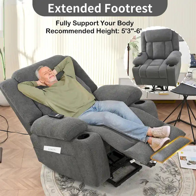 Fauteuil inclinable électrique en velours avec repose-pieds étendu et porte-gobelets