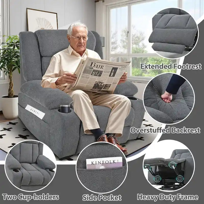 Fauteuil inclinable électrique en velours avec repose-pieds étendu et porte-gobelets