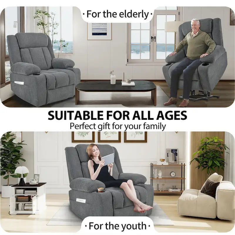 Fauteuil inclinable électrique en velours avec repose-pieds étendu et porte-gobelets