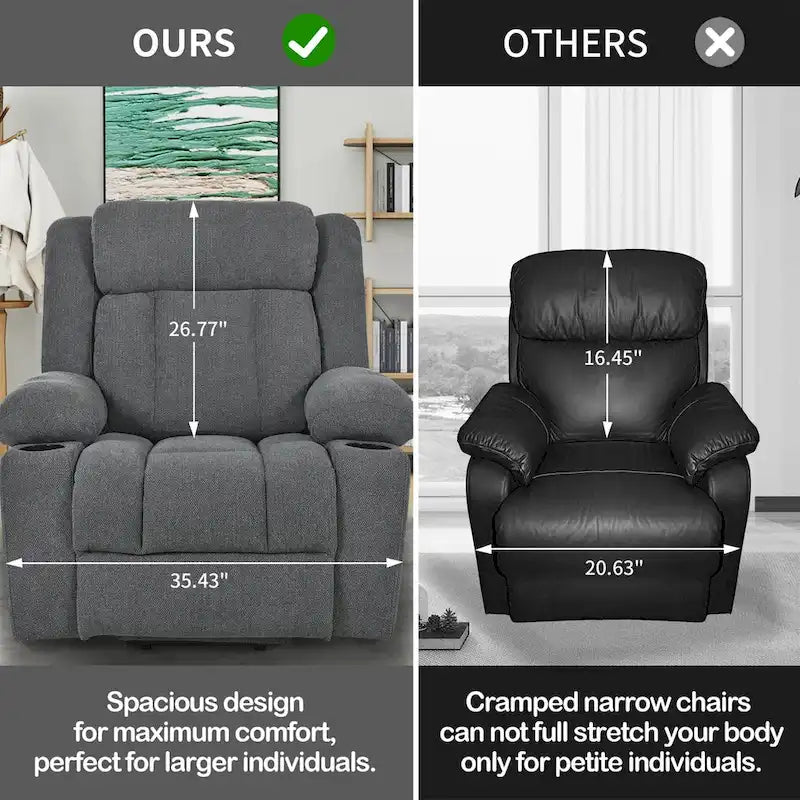 Fauteuil inclinable électrique en velours avec repose-pieds étendu et porte-gobelets