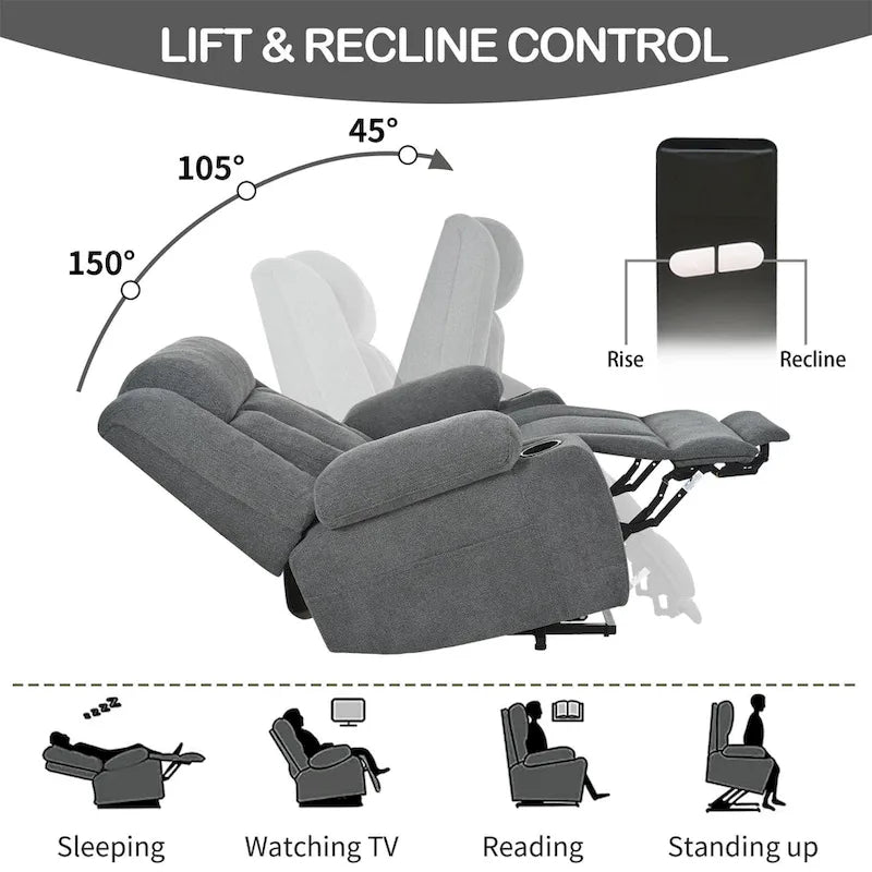 Fauteuil inclinable électrique en velours avec repose-pieds étendu et porte-gobelets