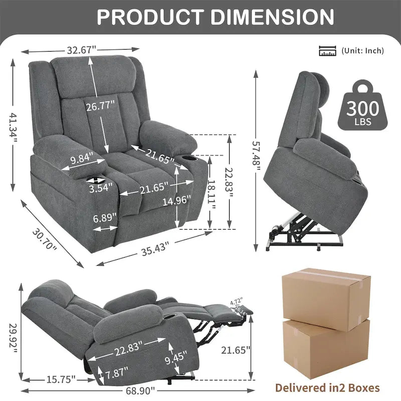 Fauteuil inclinable électrique en velours avec repose-pieds étendu et porte-gobelets