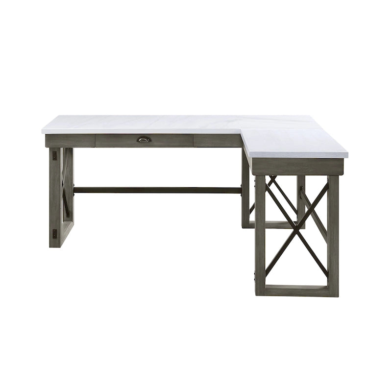 Bureau d'écriture en L avec plateau relevable et dessus en marbre à la finition gris vieilli