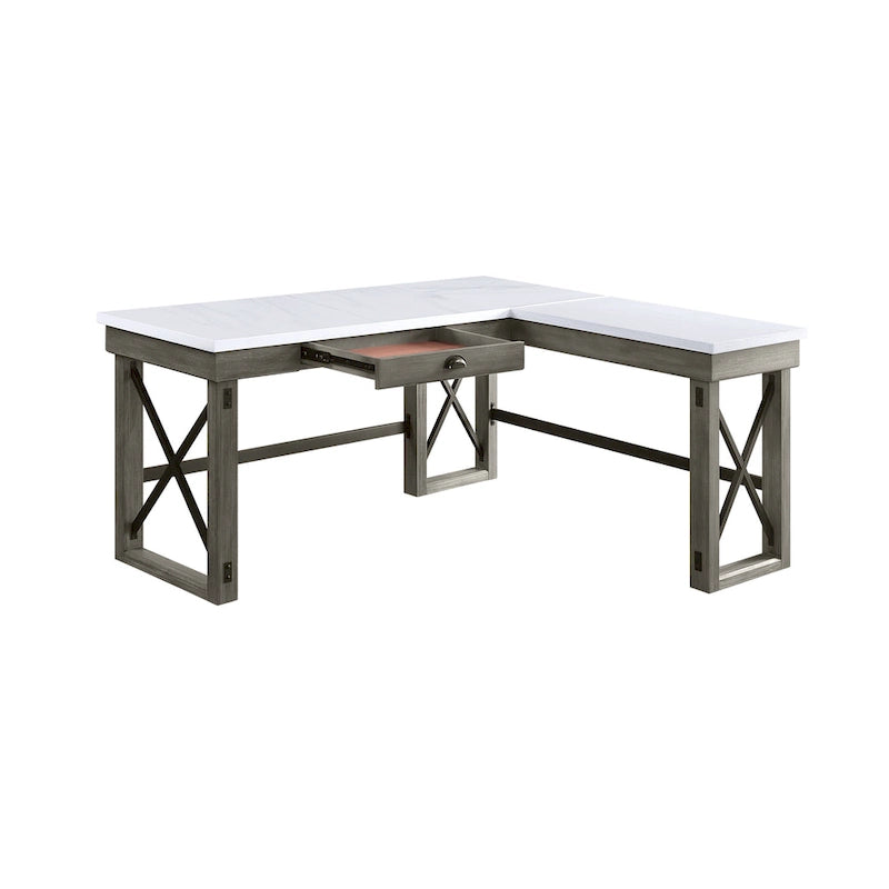 Bureau d'écriture en L avec plateau relevable et dessus en marbre à la finition gris vieilli