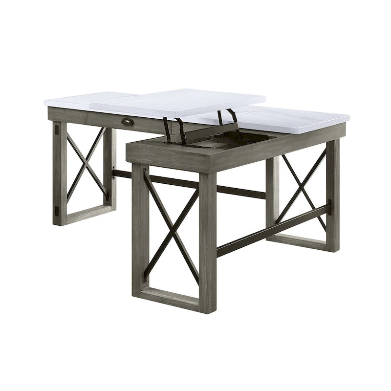 Bureau d'écriture en L avec plateau relevable et dessus en marbre à la finition gris vieilli