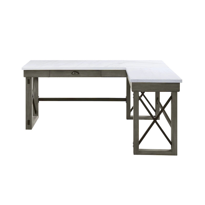 Bureau d'écriture en L avec plateau relevable et dessus en marbre à la finition gris vieilli