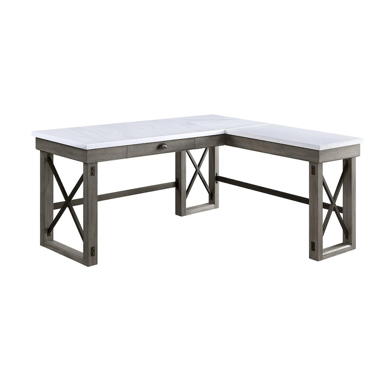 Bureau d'écriture en L avec plateau relevable et dessus en marbre à la finition gris vieilli